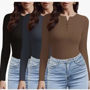 Women's Long Sleeve Shirts 3 Packs Henley Button Down Tops Ribbed Slim Fit